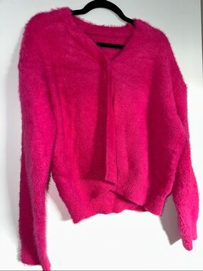 Fuzzy Button Cardigan in Bright Pink